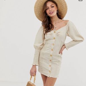 Button through shirred linen mini dress
